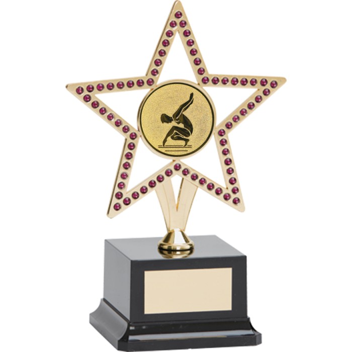 10'' GOLD METAL STAR GYMNASTICS TROPHY WITH PURPLE GEMSTONES - CHOICE OF CENTRE 10'' GOLD METAL STAR GYMNASTICS TROPHY WITH PURPLE GEMSTONES - CHOICE OF CENTRE